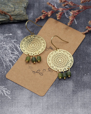 Boucles d'oreilles cercles dorees avec jade